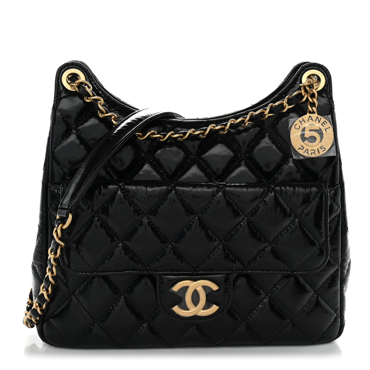 Shiny Crumpled Calfskin Quilted Wavy CC Hobo Black