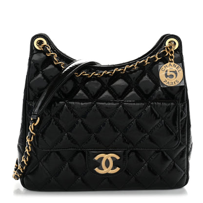 Chanel Shiny Crumpled Calfskin Quilted Wavy CC Hobo Black 1 of 11