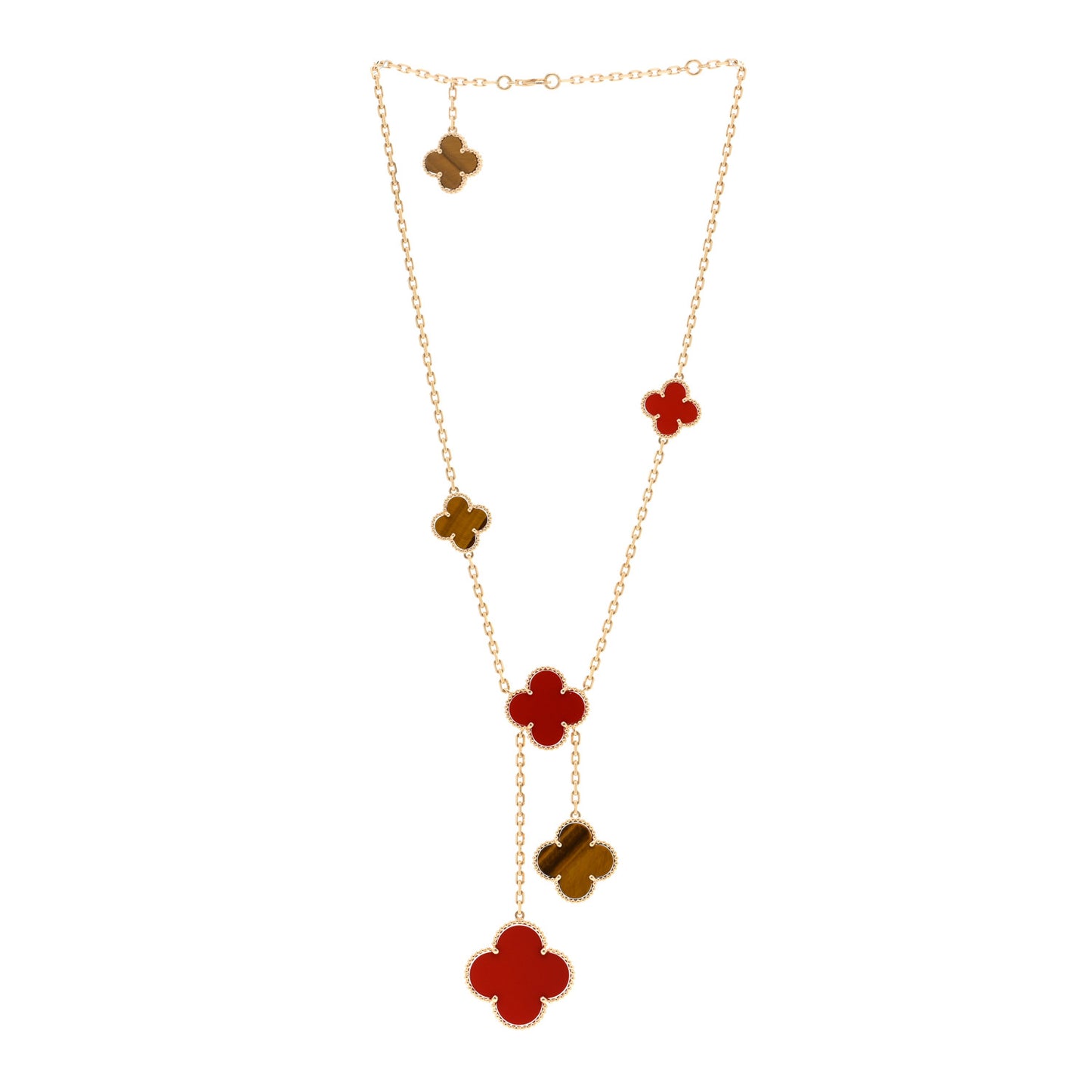 18K Yellow Gold Carnelian Tiger Eye 6 Motifs Magic Alhambra Necklace