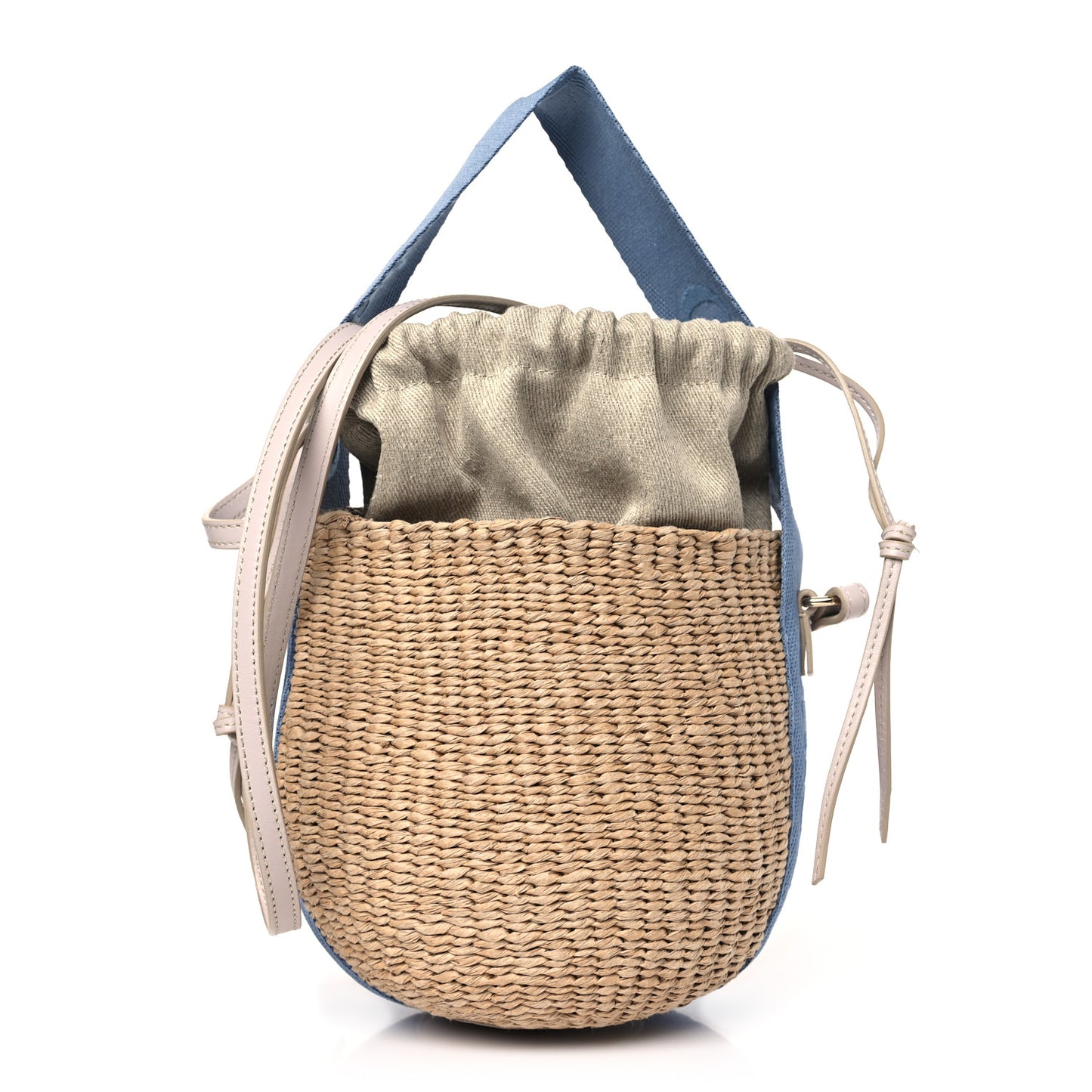 Raffia Calfskin Small Woody Basket Bag Washed Blue