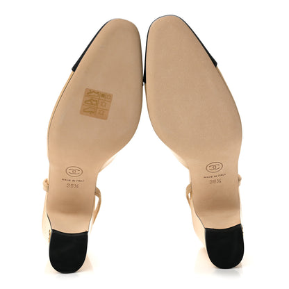 Chanel Goatskin Grosgrain Cap Toe CC Slingback Pumps 36.5 Beige Black 6 of 10