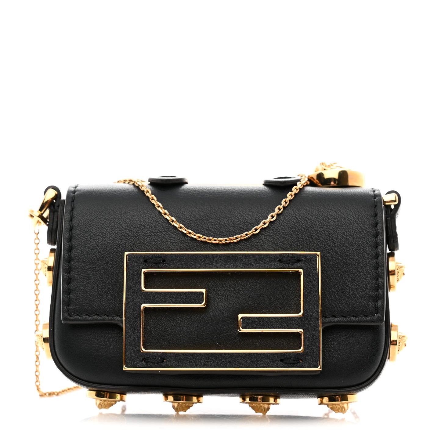 X VERSACE Vitello Seta Fendace Studded Nano Brooch Baguette Black
