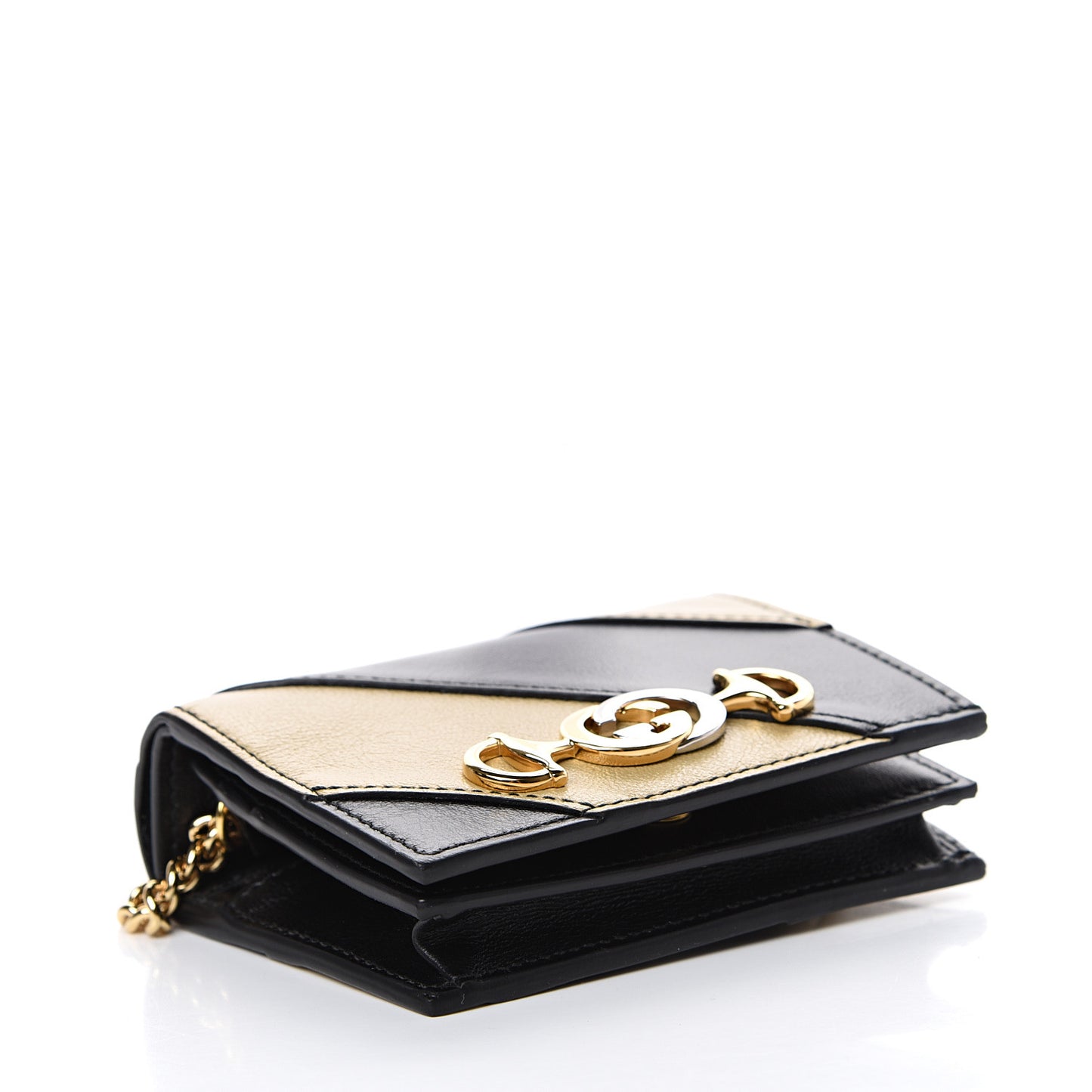 Calfskin Diagonal Striped Zumi Chain Card Case Wallet Black Beige