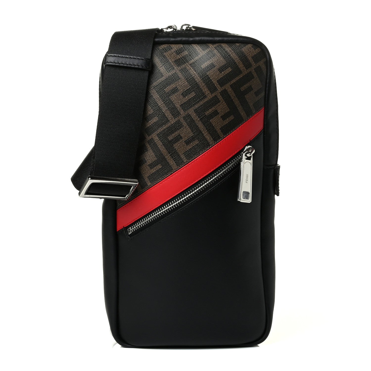 Fendi Glazed Fabric Vitello Liberty FF 1974 Diagonal Sling Bag Tobacco Rosso Black 1 of 6