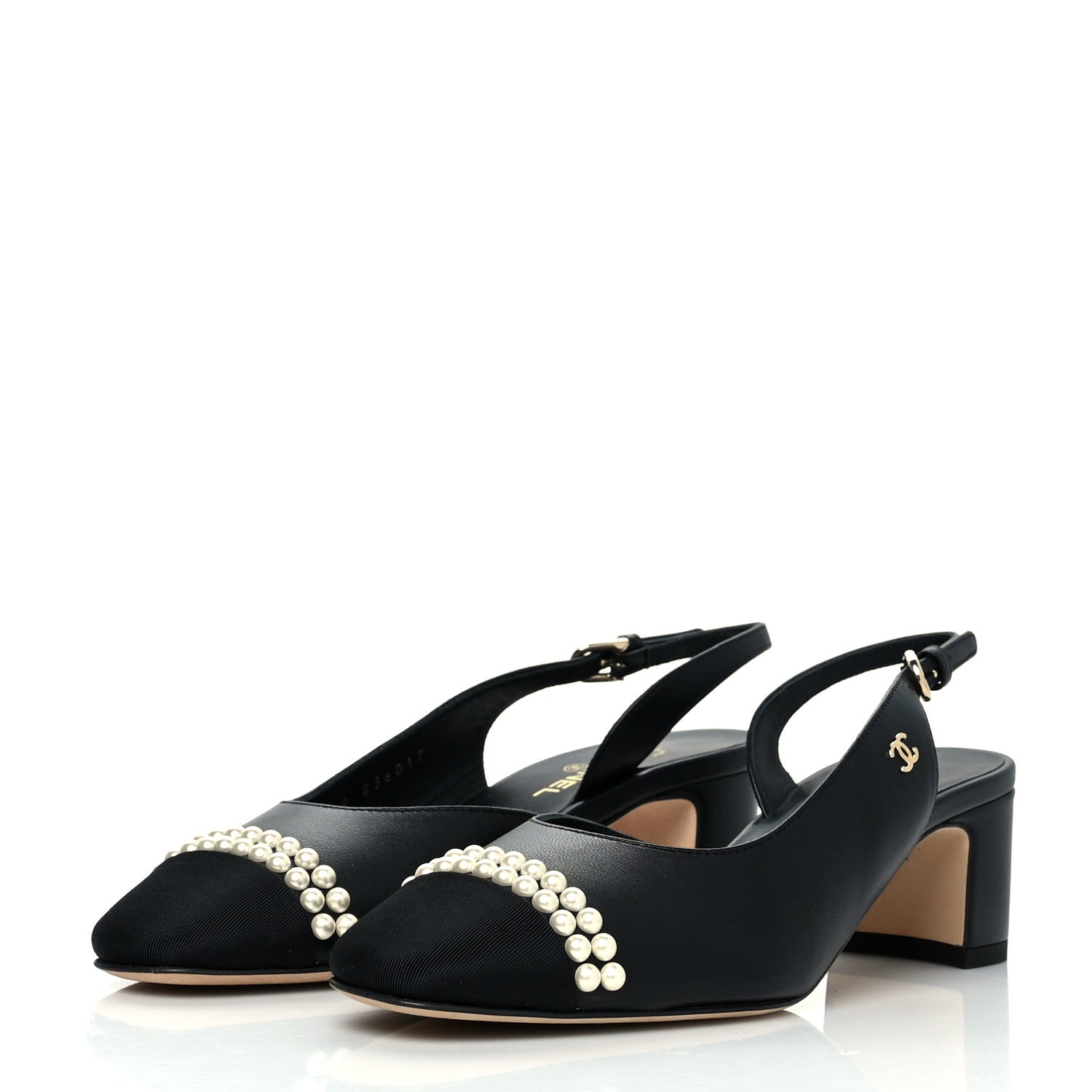Chanel Lambskin Grosgrain Pearl Cap Toe CC Slingback Pumps 35.5 Black 3 of 9