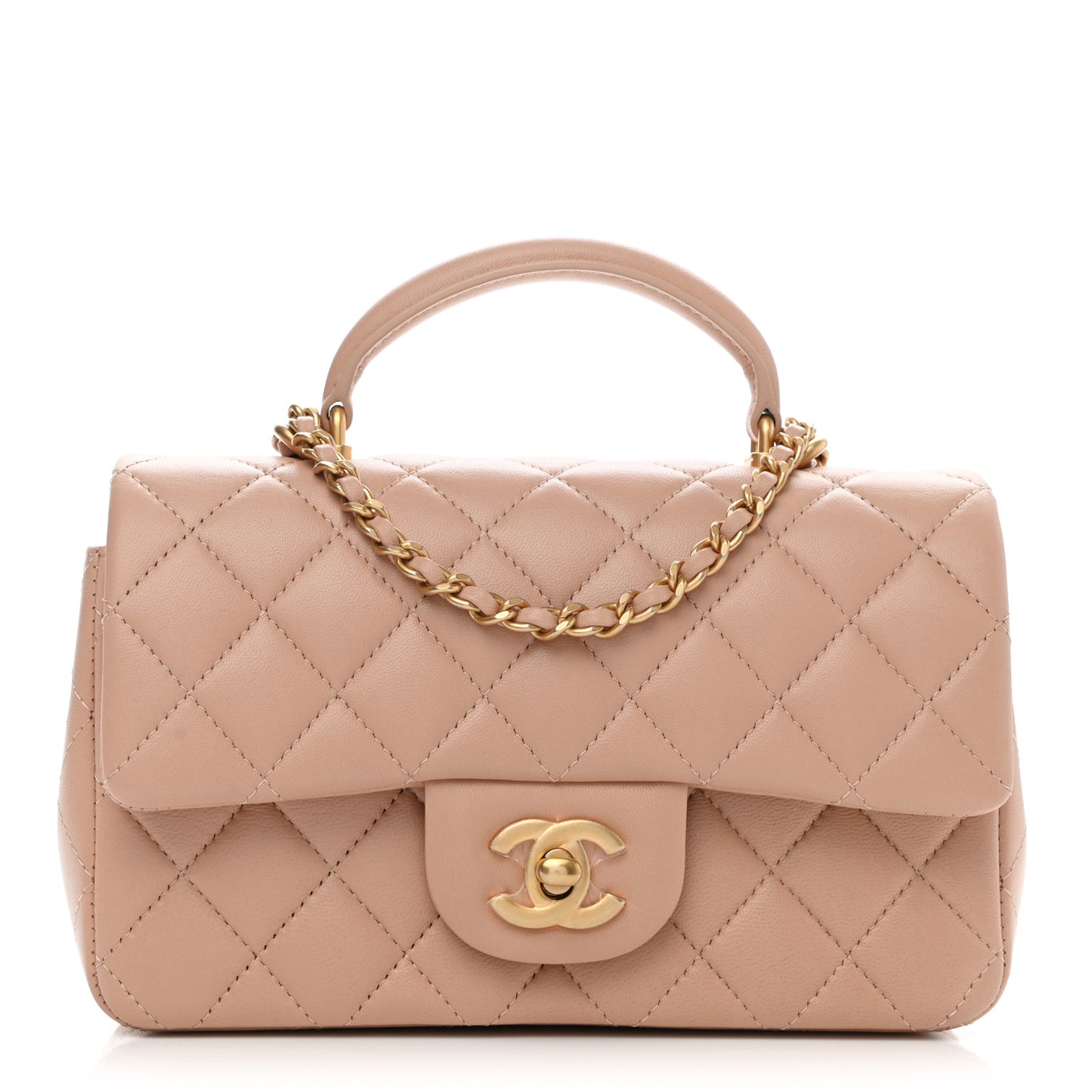 Lambskin Quilted Mini Top Handle Rectangular Flap Beige