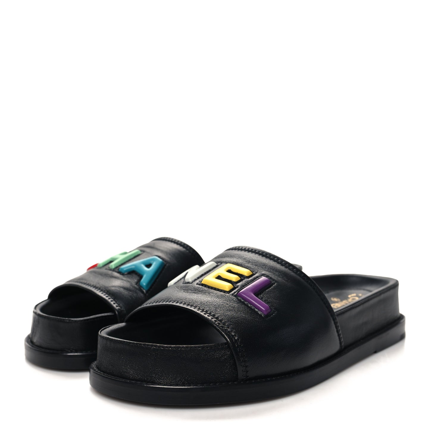 Lambskin Cha-Nel Mule Sandals 40 Black Multicolor
