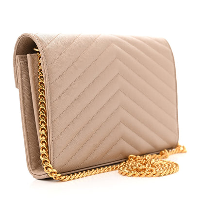 Saint Laurent Grain De Poudre Matelasse Chevron Monogram Chain Wallet Dark Beige 3 of 11