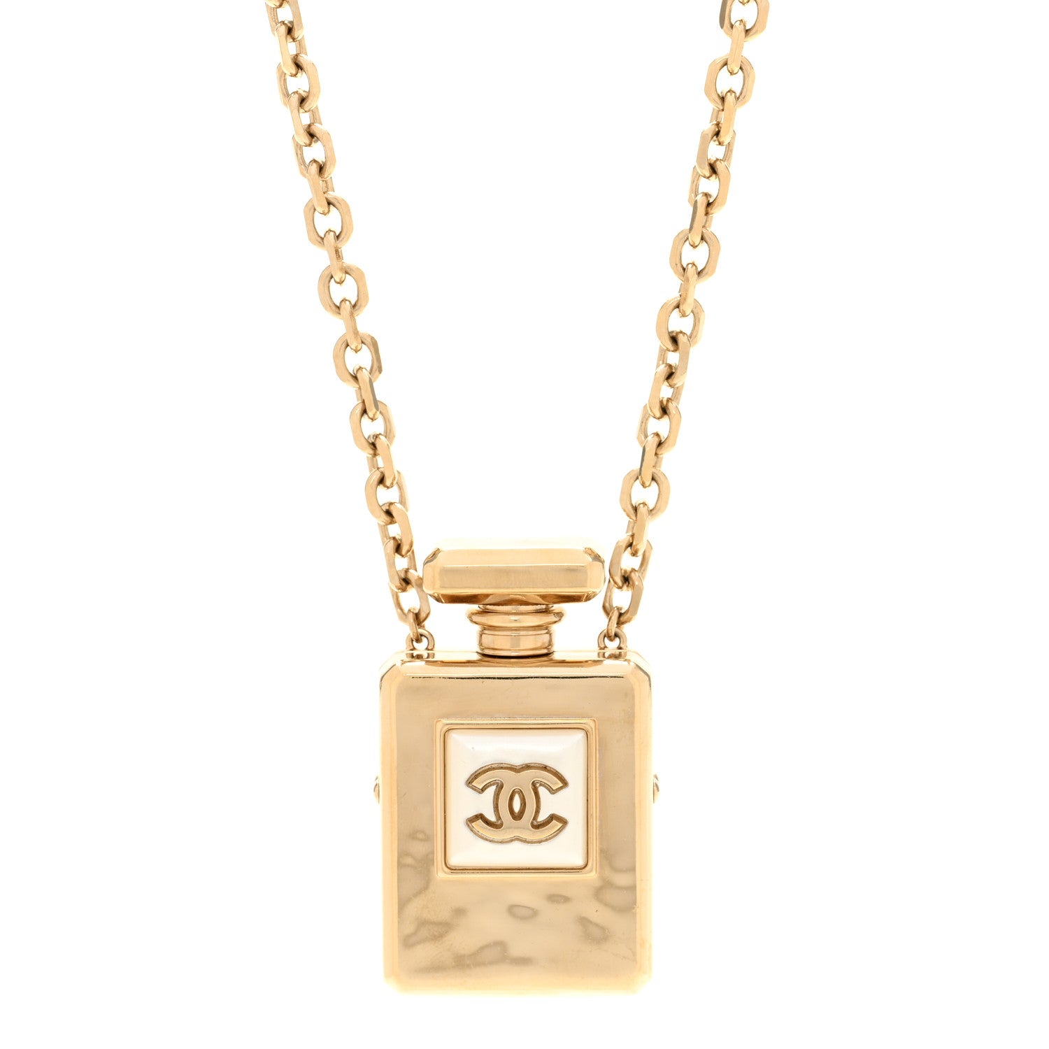 Chanel Metal Pearl Perfume Bottle CC Locket Necklace Gold 4 of 5