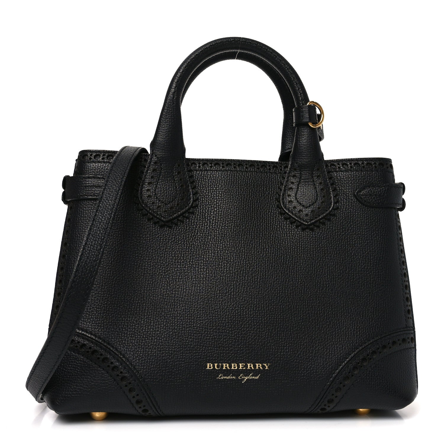 Burberry Grainy Calfskin House Check Small Brogue Banner Tote Black 1 of 9