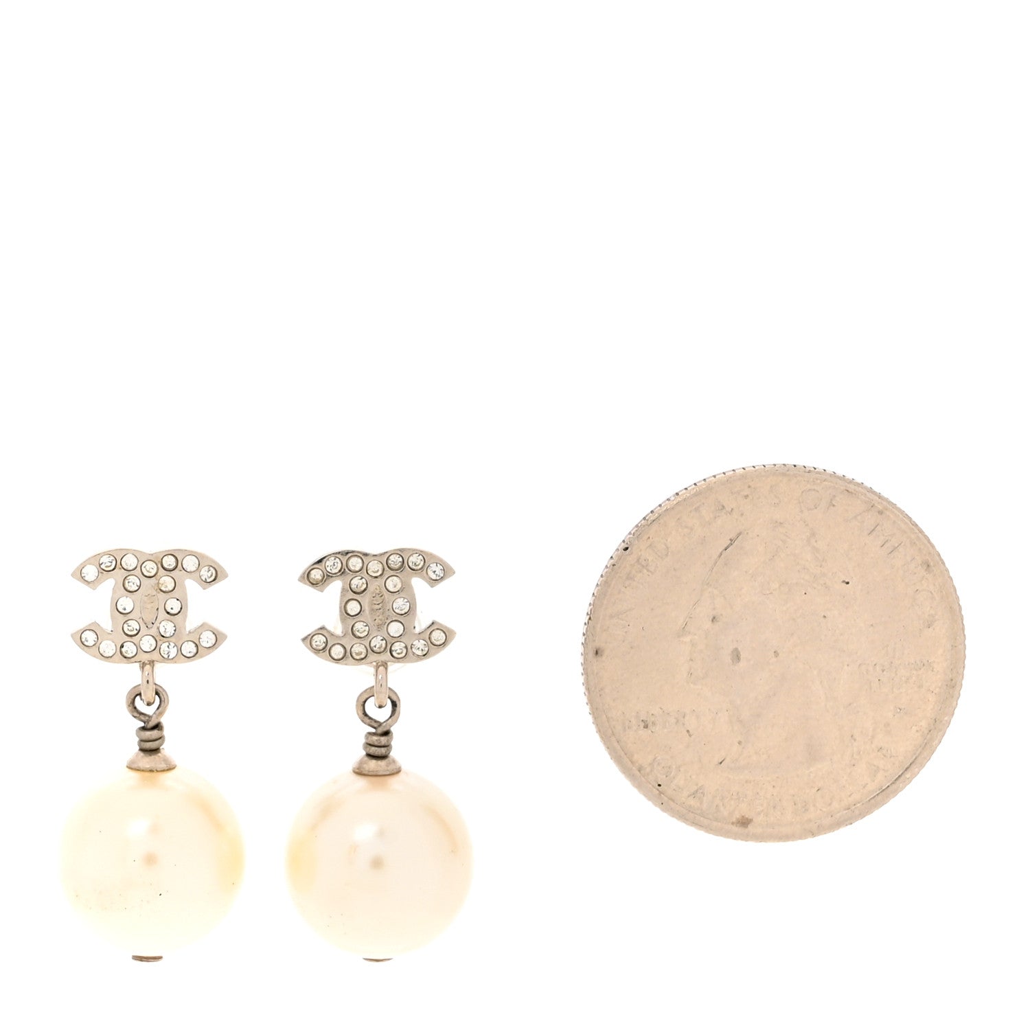 Chanel Crystal Pearl CC Drop Earrings Silver Pearly White 2 of 5