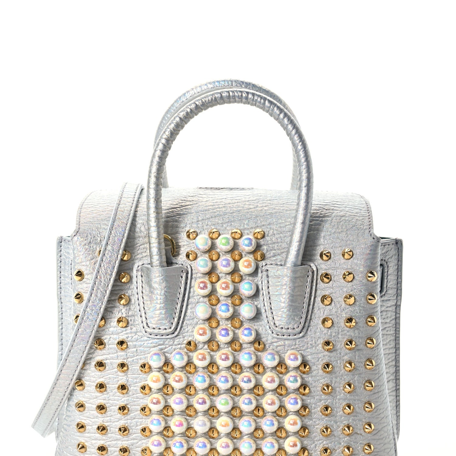 MCM Calfskin Pearls Studded Mini Milla Tote White Flake 9 of 15