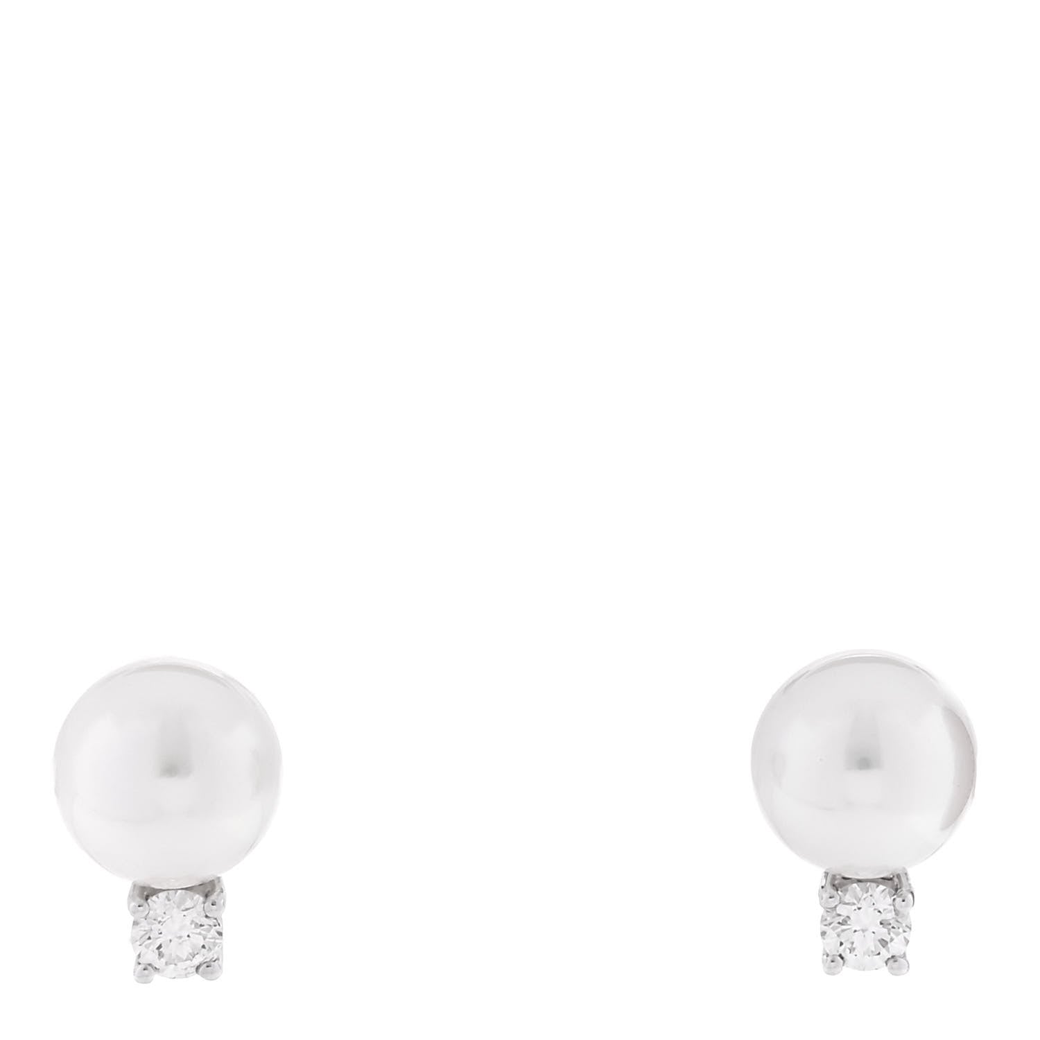 Tiffany 18K White Gold Diamond Akoya Cultured Pearl 6.5-7mm Signature Earrings 1 of 4