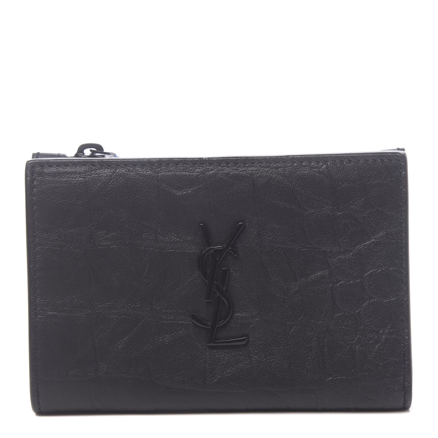 Calfskin Crocodile Embossed Monogram Bi-Fold Zipped Wallet Black