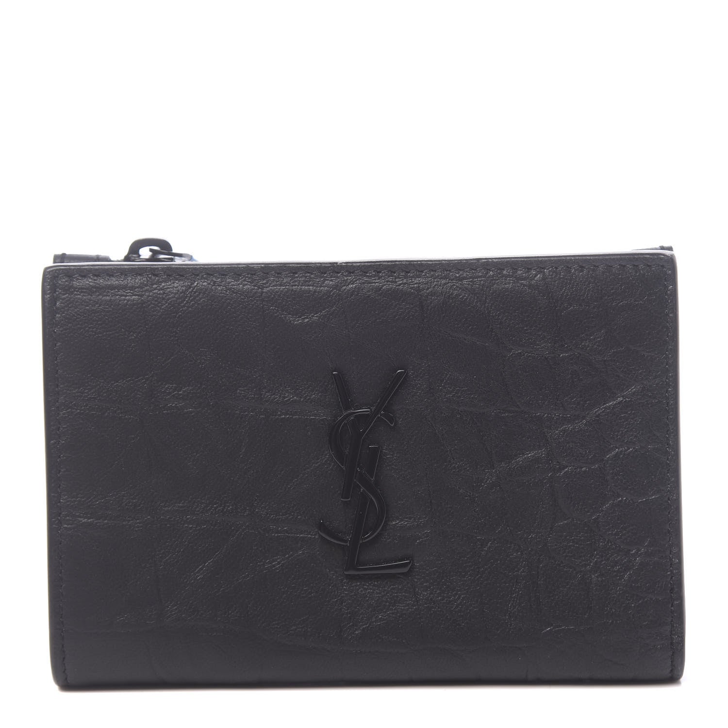 Saint Laurent Calfskin Crocodile Embossed Monogram Bi-Fold Zipped Wallet Black 1 of 8