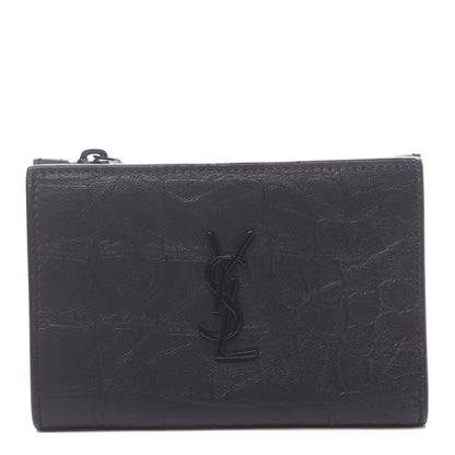 Saint Laurent Calfskin Crocodile Embossed Monogram Bi-Fold Zipped Wallet Black 1 of 8