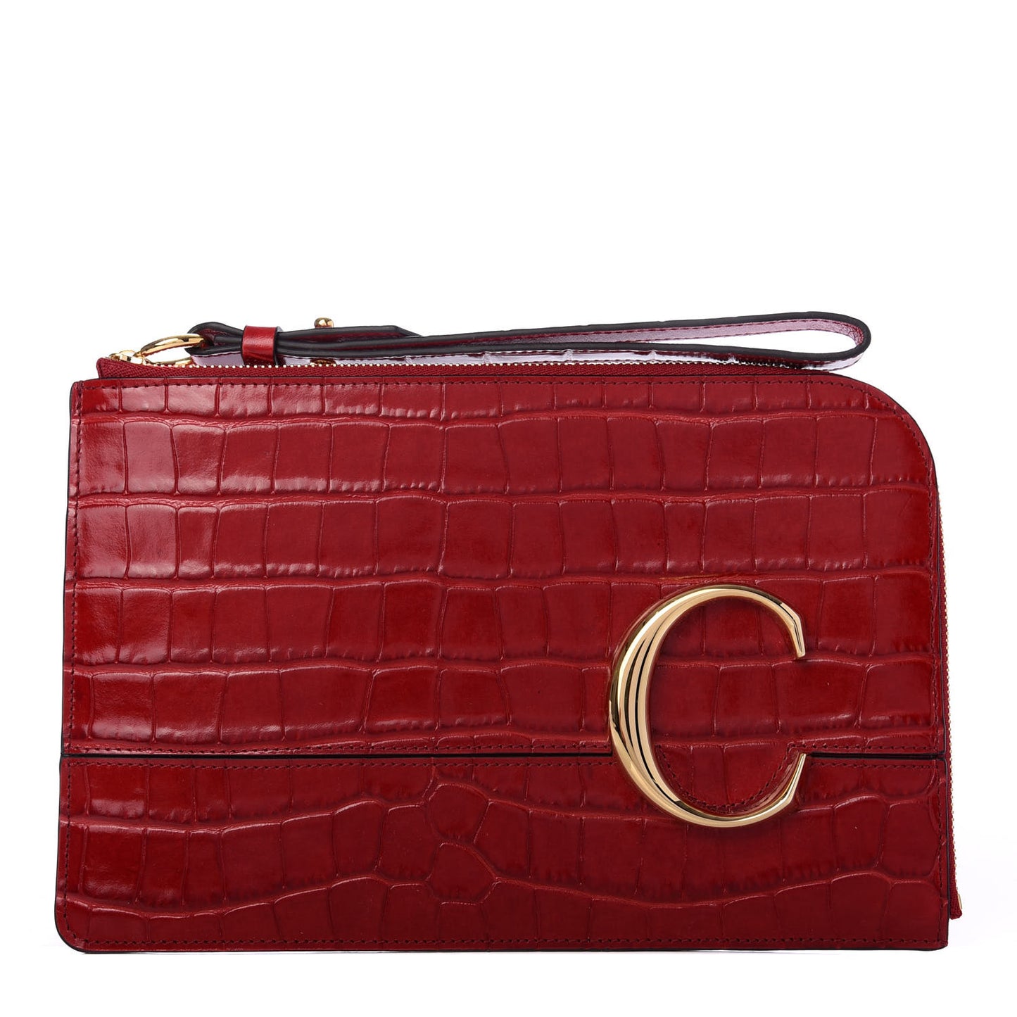 Crocodile Embossed Calfskin C Flat Pouch Dusty Red