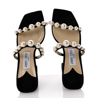 Jimmy Choo Suede Amara 85 Pearl Block Heel Sandals 36.5 Black 2 of 9