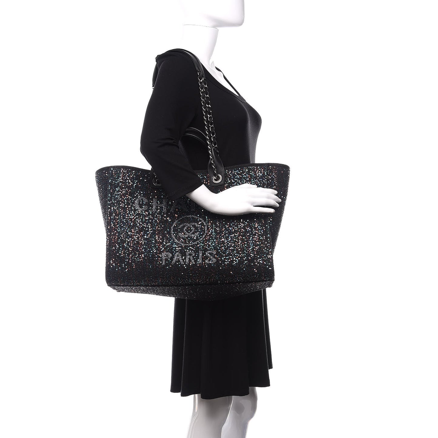 Calfskin Sequin Medium Deauville Tote Black