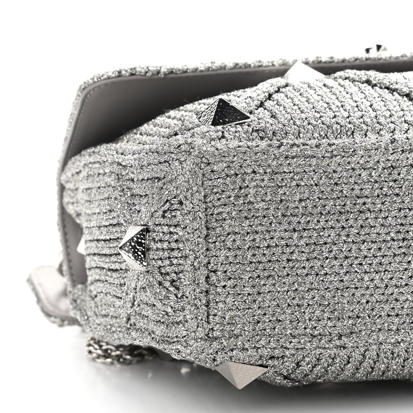 Metallic Lurex Knit Large Roman Stud Shoulder Bag Silver