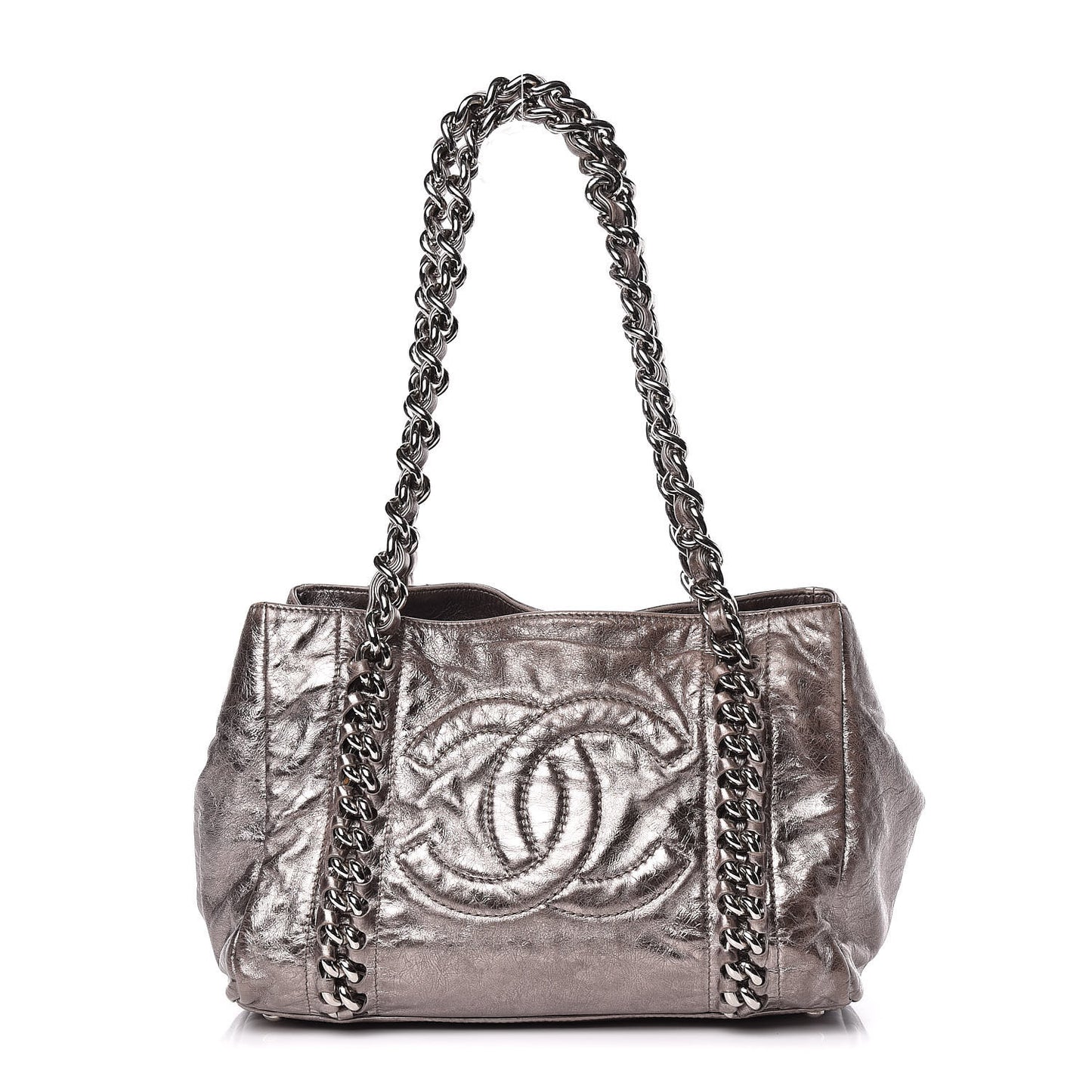 Metallic Cracked Calfskin Modern Chain Tote Dark Silver