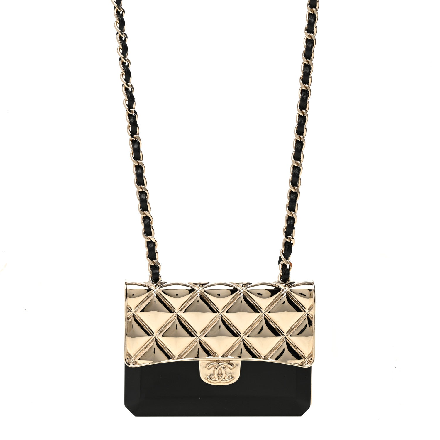 Chanel Metal Resin Lambskin Flap Bag Long Necklace Gold Black 1 of 5