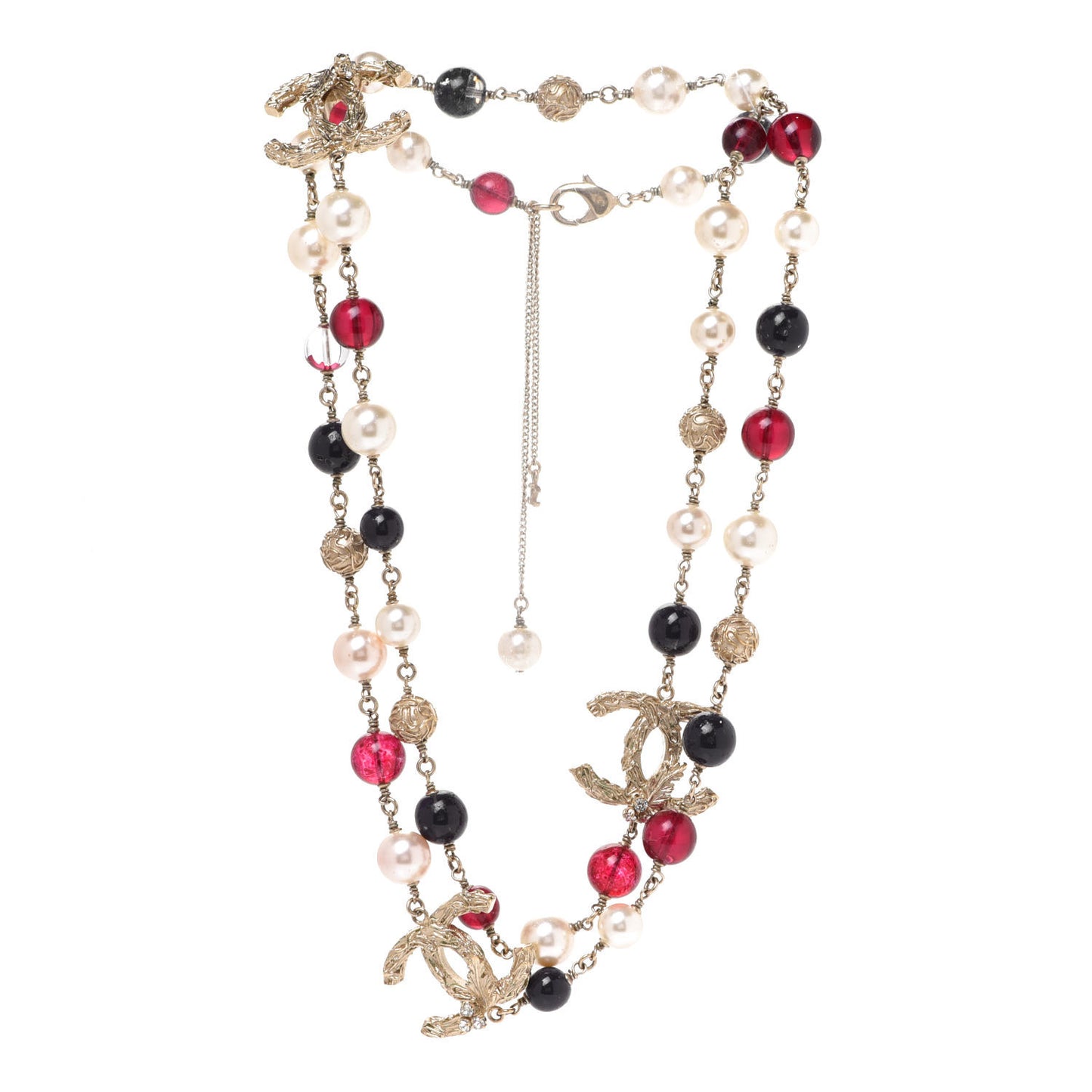 Beaded Pearl Textured CC Long Strand Necklace Blue Red Gold
