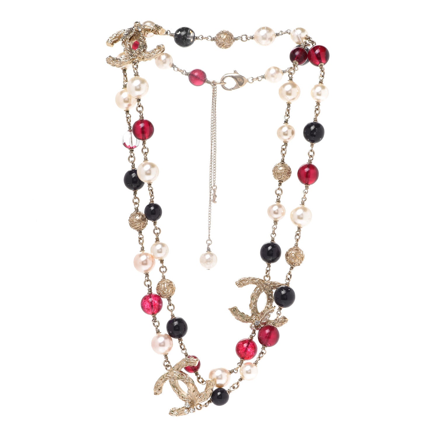 Chanel Beaded Pearl Textured CC Long Strand Necklace Blue Red Gold 3 of 7