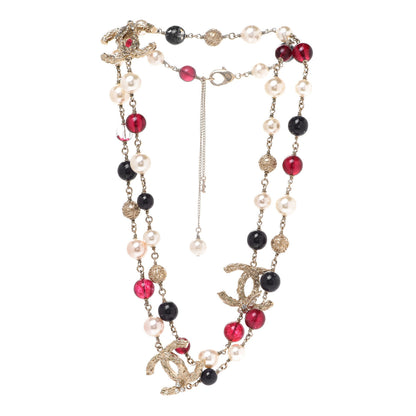 Chanel Beaded Pearl Textured CC Long Strand Necklace Blue Red Gold 3 of 7