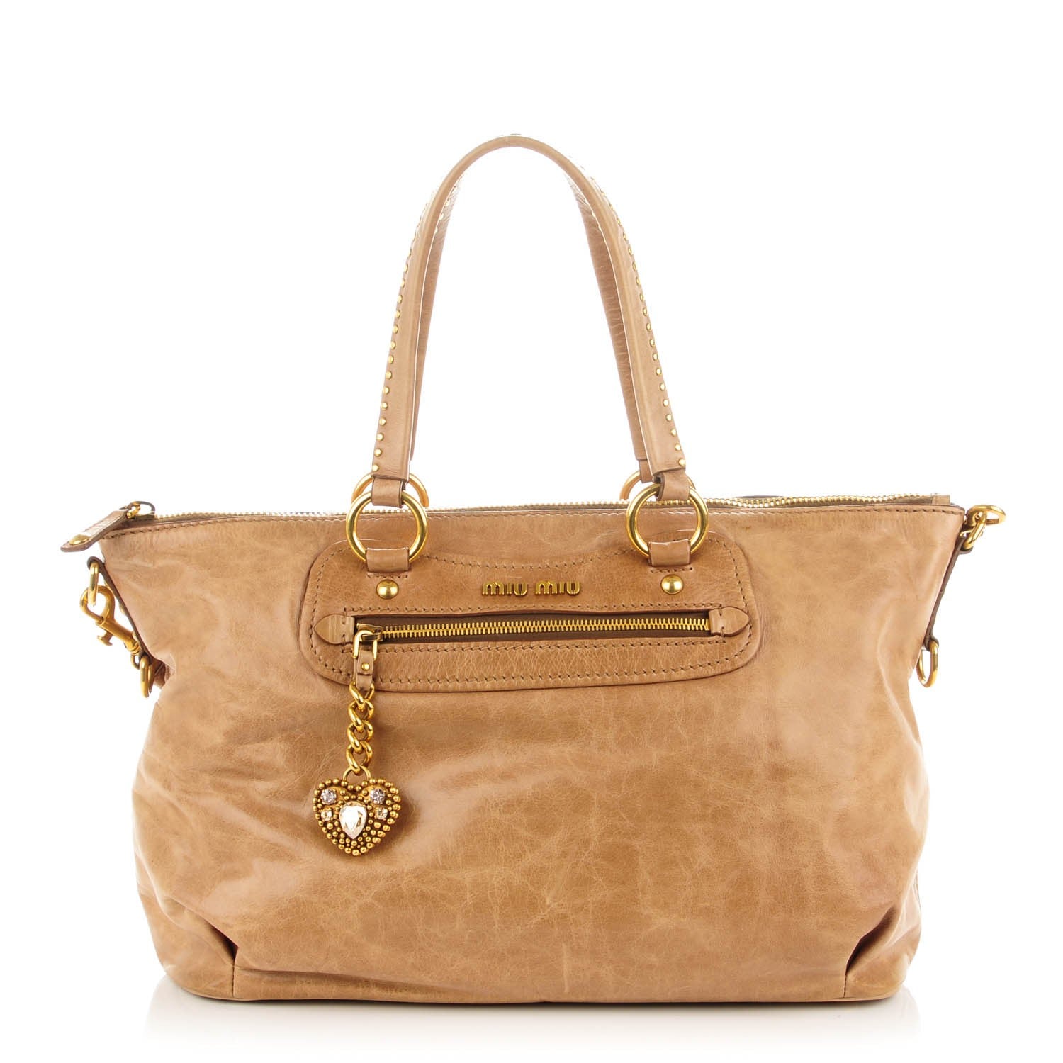 Miu Miu Vitello Lux Crystal Heart Charm Tote Beige 1 of 8