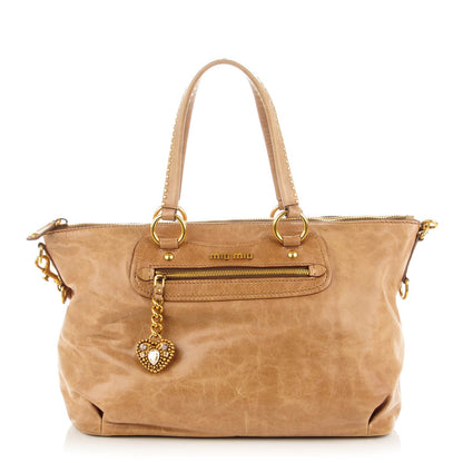 Miu Miu Vitello Lux Crystal Heart Charm Tote Beige 1 of 8