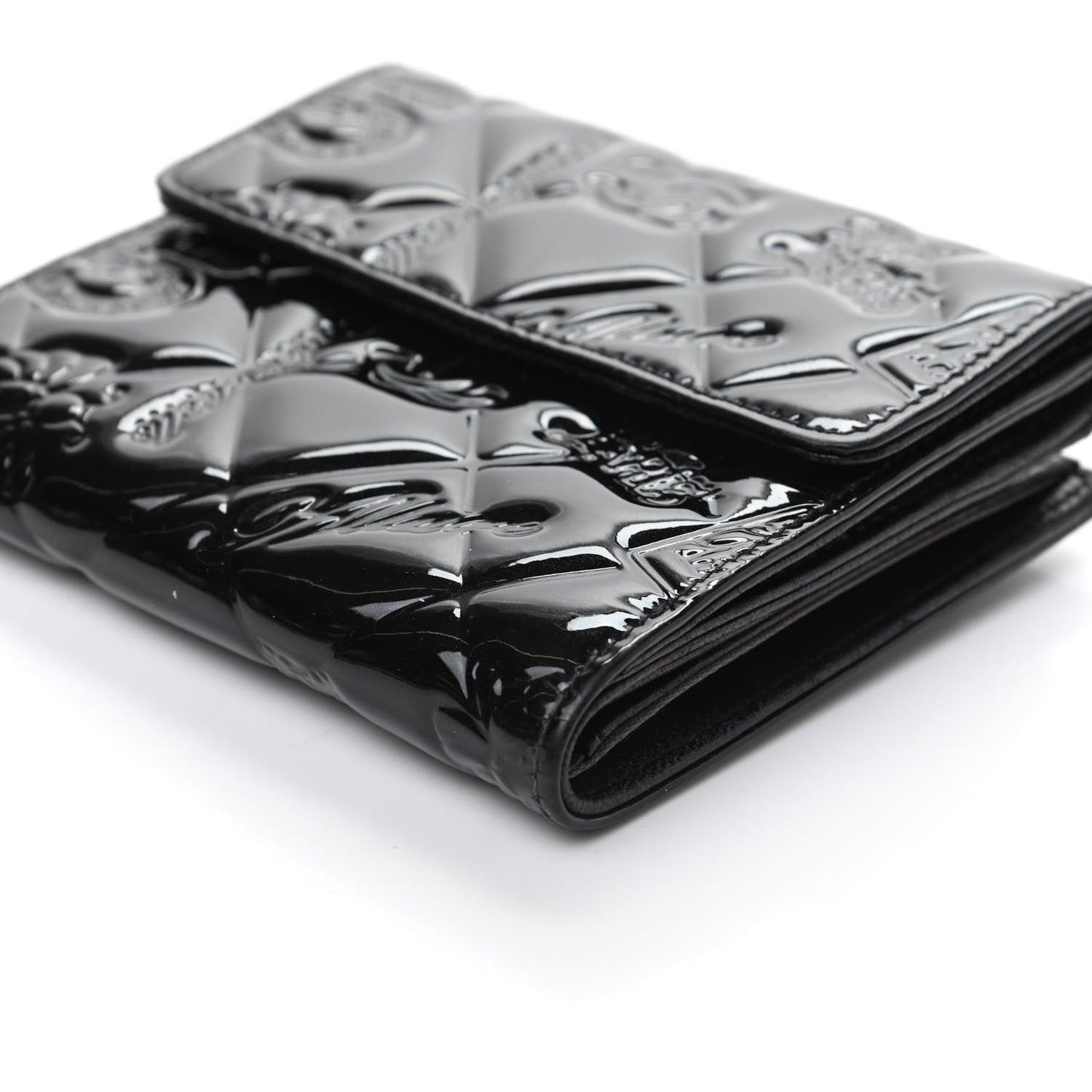 Patent Calfskin Lucky Symbols Compact French Flap Wallet Black