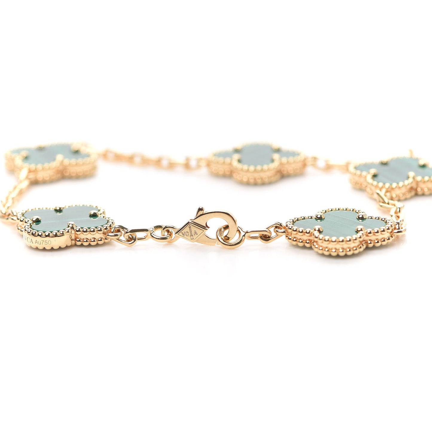 18K Yellow Gold Malachite 5 Motifs Vintage Alhambra Bracelet
