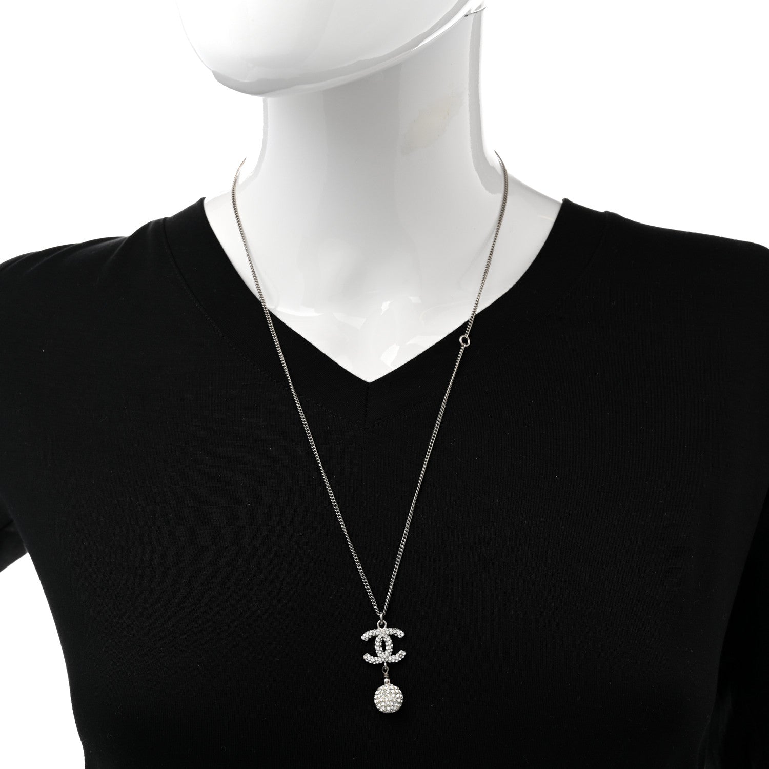 Chanel Crystal CC Ball Pendant Necklace Silver 2 of 9