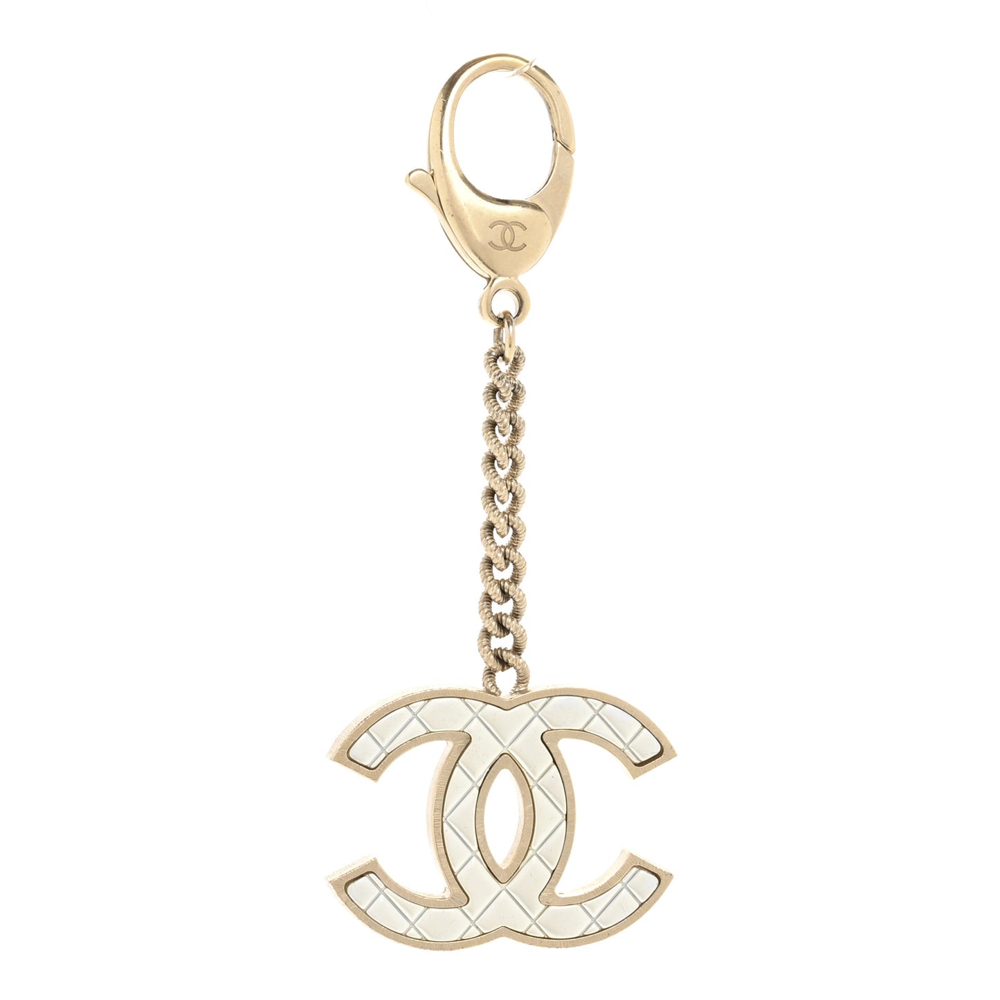 Metal Quilted CC Bag Charm Gold Pearly White