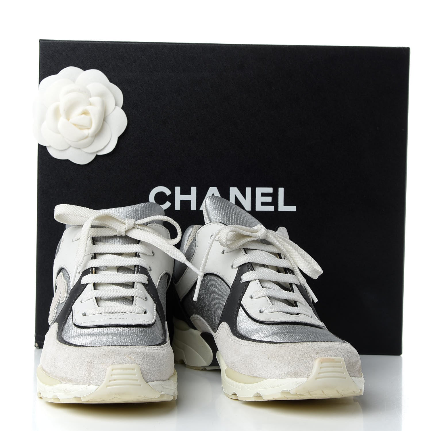 Chanel Suede Calfskin CC Sneakers 36 Black White Silver 11 of 11