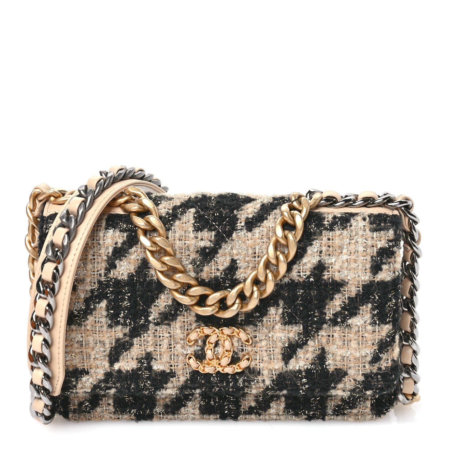 Chanel Wool Tweed Lambskin Quilted Chanel 19 Wallet On Chain WOC  Beige Black 1 of 11