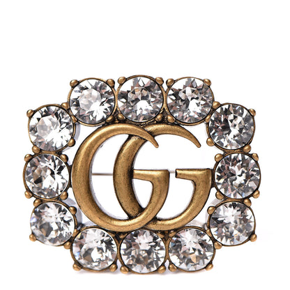 Gucci Metal Crystal Double G Brooch Aged Gold 1 of 5
