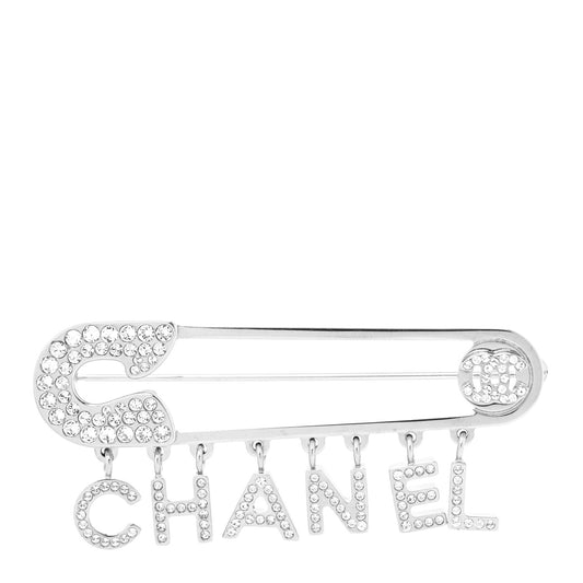 Crystal Safety Pin Brooch Silver