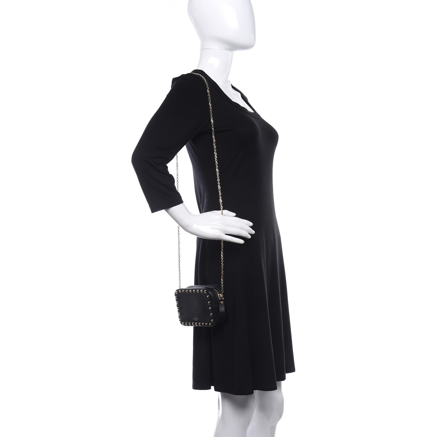 Pebbled Calfskin Rockstud Double Zip Camera Crossbody Bag Black