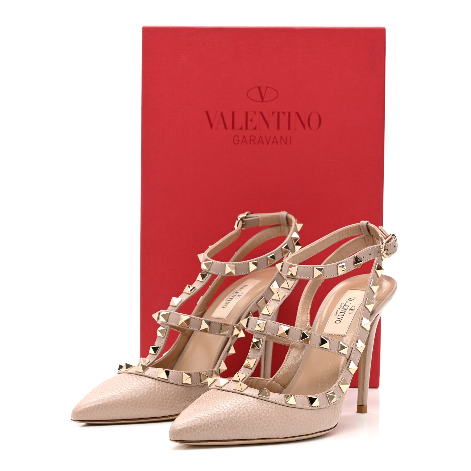 Valentino Garavani Pebbled Calfskin Rockstud Ankle Strap 100mm Pumps 37.5 Poudre 10 of 10