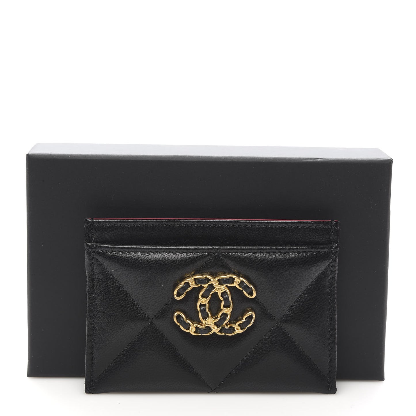 Shiny Goatskin Quilted Chanel 19 Card Holder Black