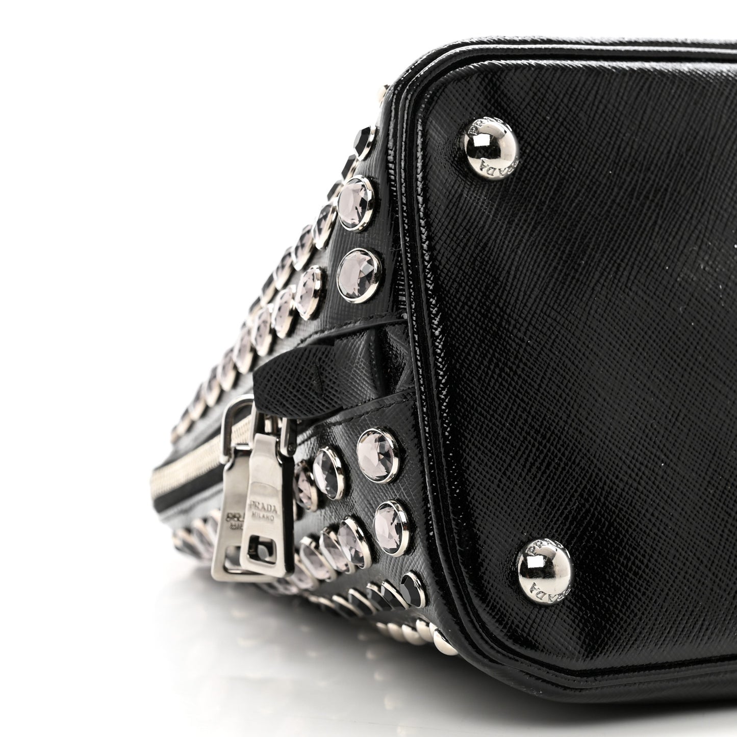 Saffiano Vernice Small Crystal Pyramid Bag Black