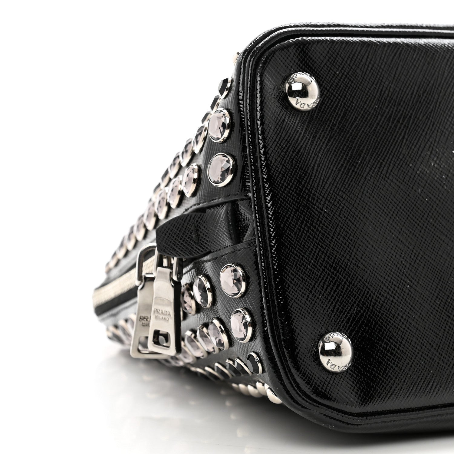 Prada Saffiano Vernice Small Crystal Pyramid Bag Black 8 of 9