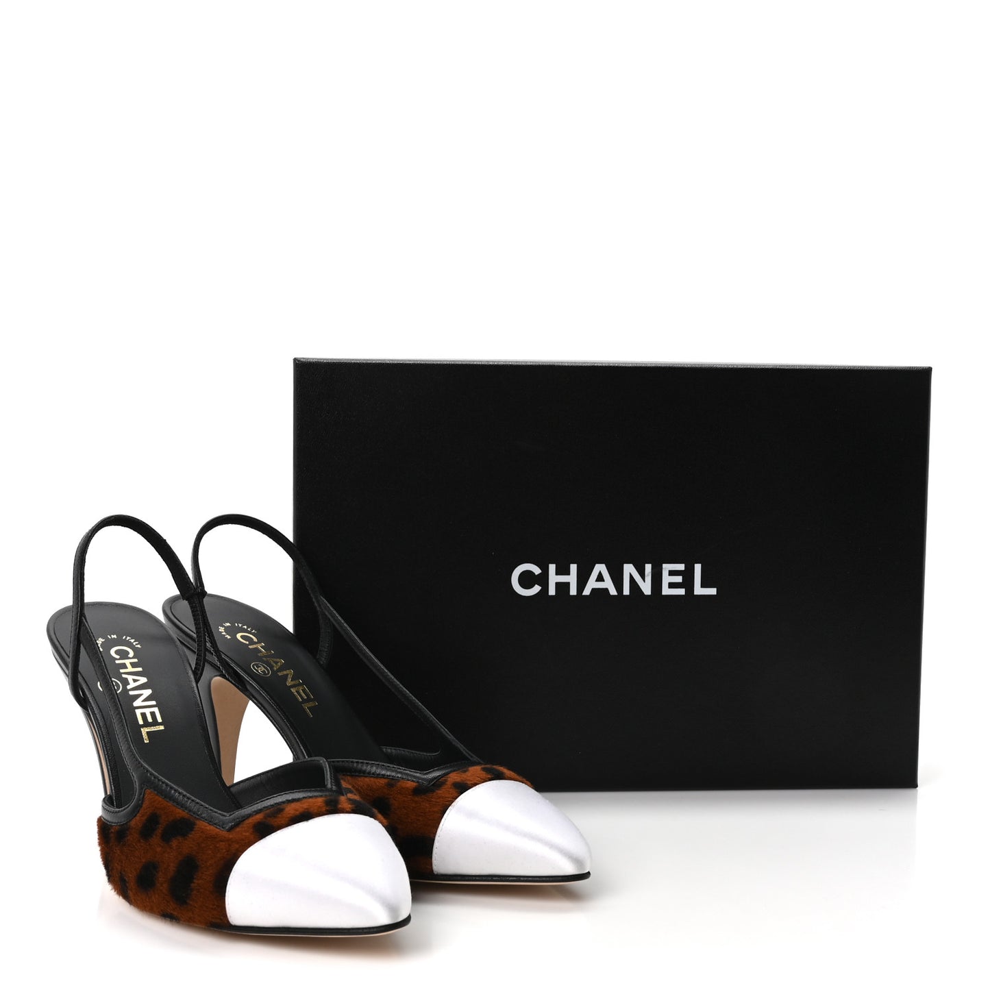 Lambskin Mixed Fibers Cap Toe CC Slingback Pumps 38 Brown Black White