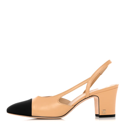 Chanel Lambskin Grosgrain Cap Toe CC Slingback Pumps 38 Beige Black 1 of 11