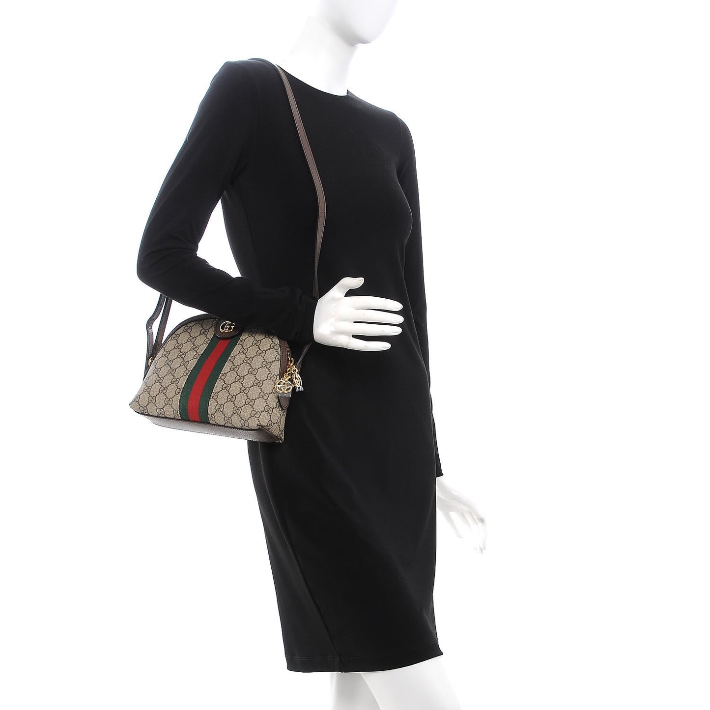 GG Supreme Monogram Textured Dollar Calfskin Web Small Ophidia Dome Shoulder Bag Beige Ebony New Acero