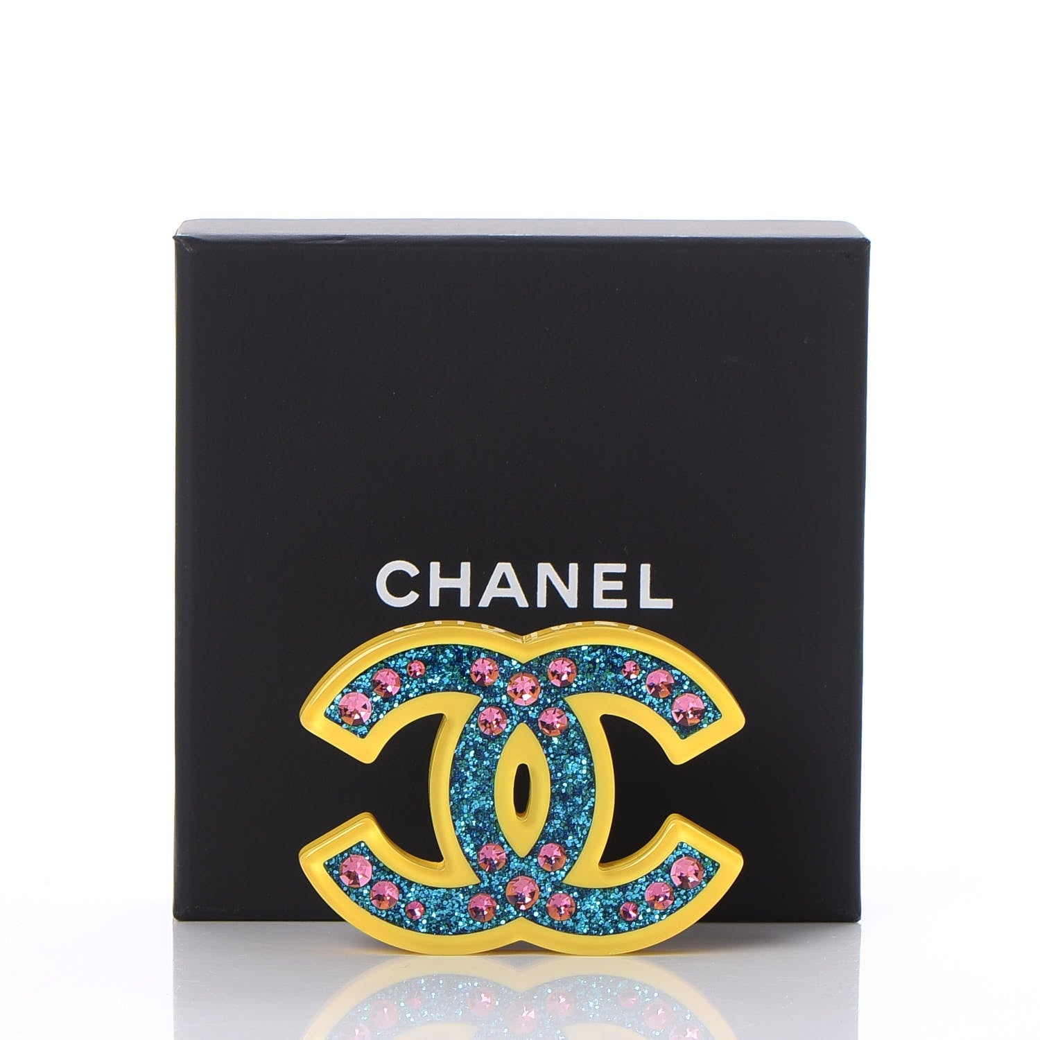 Chanel Resin Glitter Crystal CC Brooch Yellow Blue 5 of 5