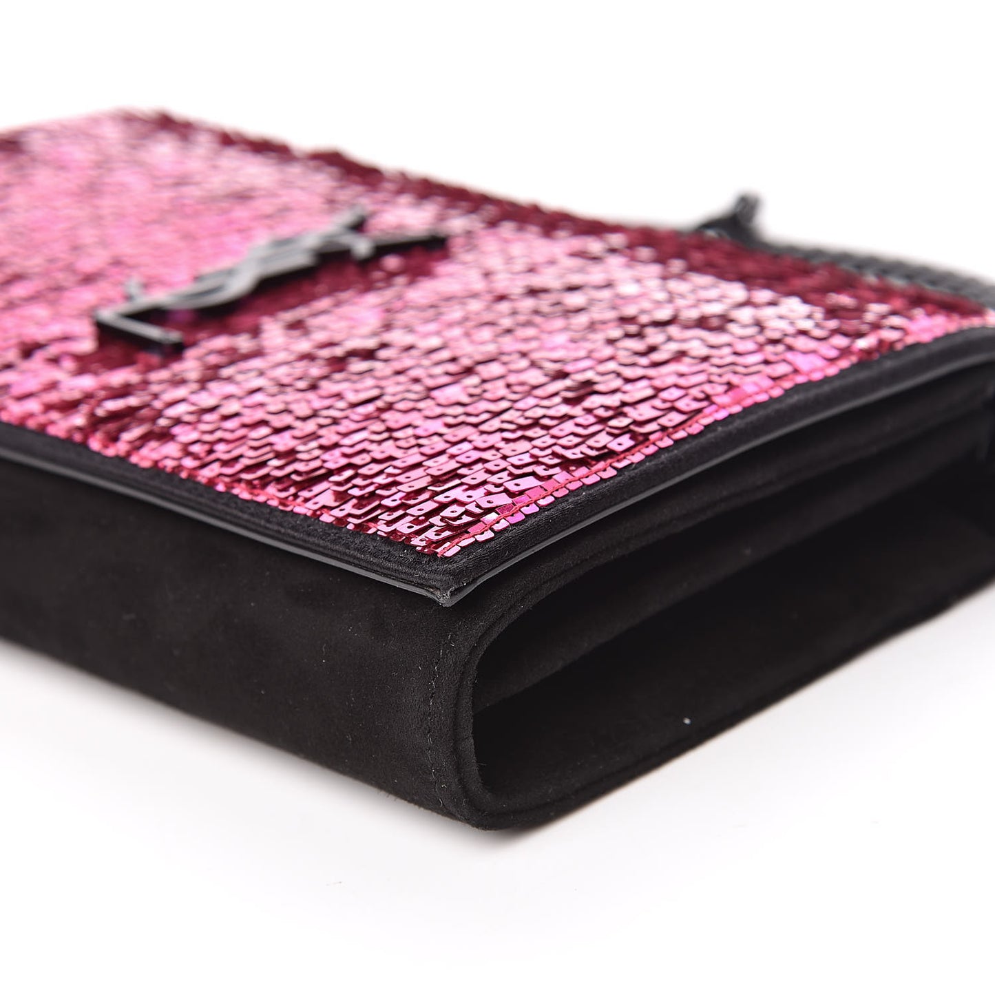 Sequin Suede Monogram Chain Wallet Fuchsia Black
