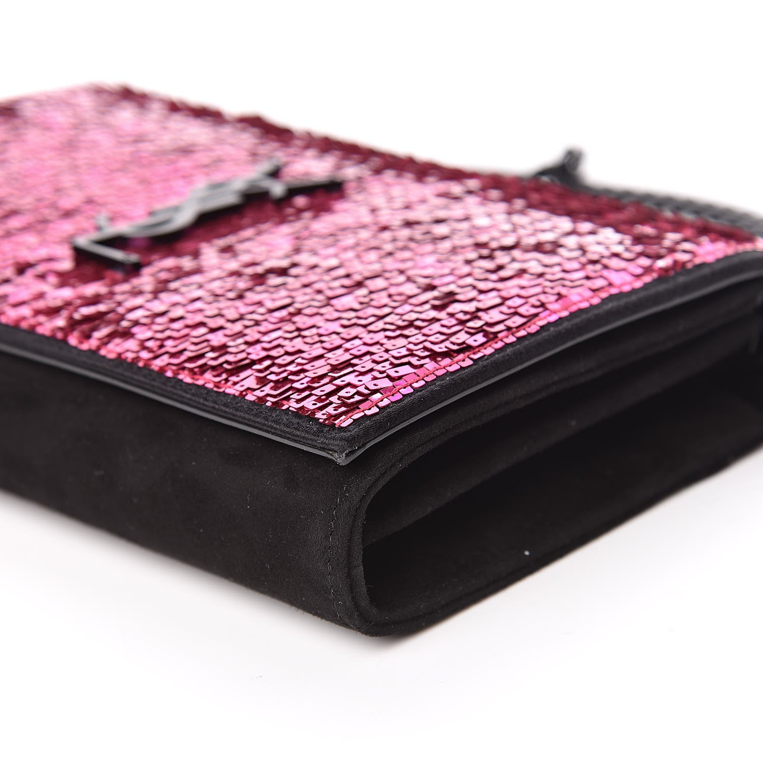 Saint Laurent Sequin Suede Monogram Chain Wallet Fuchsia Black 9 of 11
